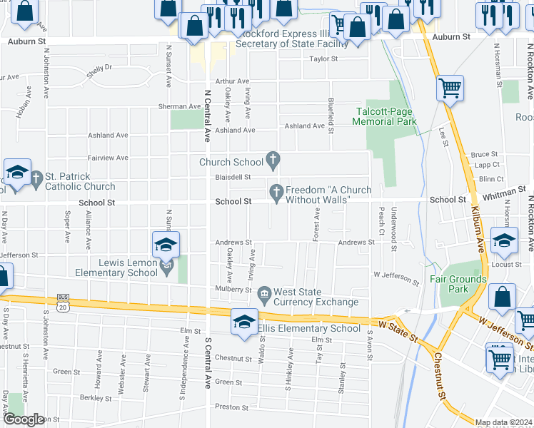 map of restaurants, bars, coffee shops, grocery stores, and more near 438 Orchard Park in Rockford