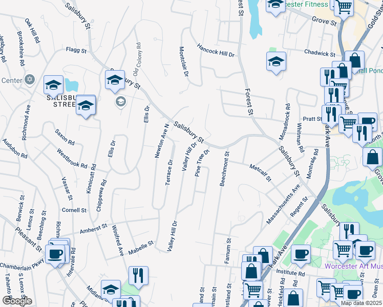 map of restaurants, bars, coffee shops, grocery stores, and more near 7 Valley Hill Drive in Worcester