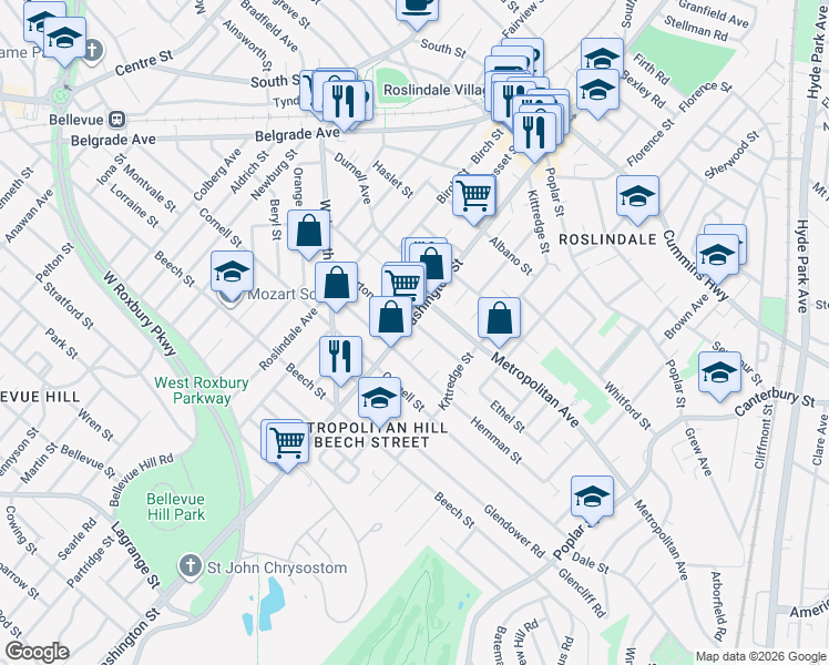 map of restaurants, bars, coffee shops, grocery stores, and more near 4430 Washington Street in Boston