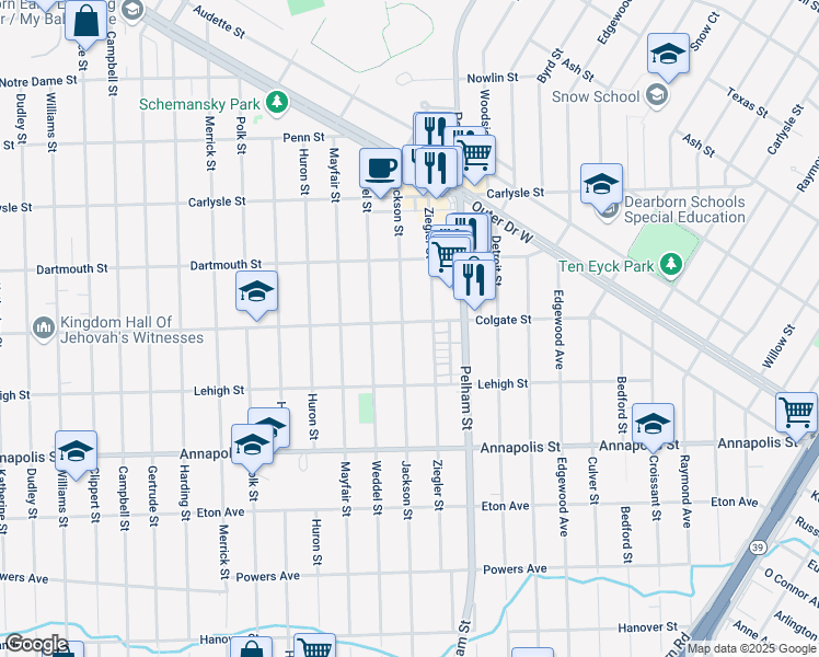 map of restaurants, bars, coffee shops, grocery stores, and more near 4101 Jackson Street in Dearborn Heights