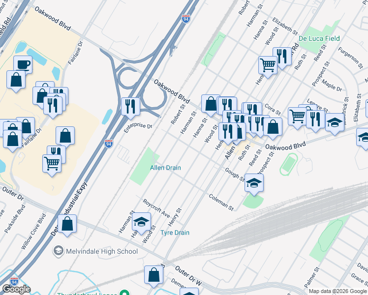 map of restaurants, bars, coffee shops, grocery stores, and more near 18811 Hanna Street in Melvindale