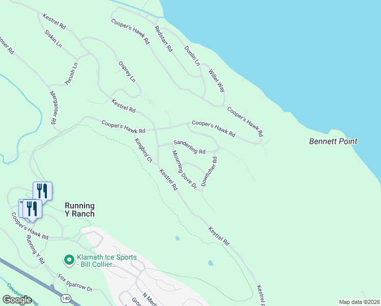 map of restaurants, bars, coffee shops, grocery stores, and more near 6352 Sanderling Road in Klamath Falls