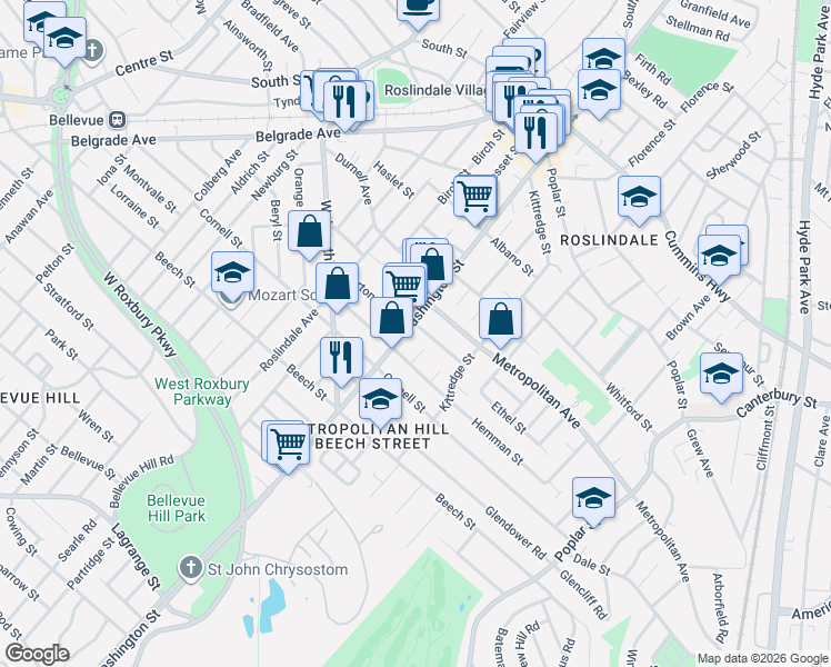 map of restaurants, bars, coffee shops, grocery stores, and more near 4430 Washington Street in Boston