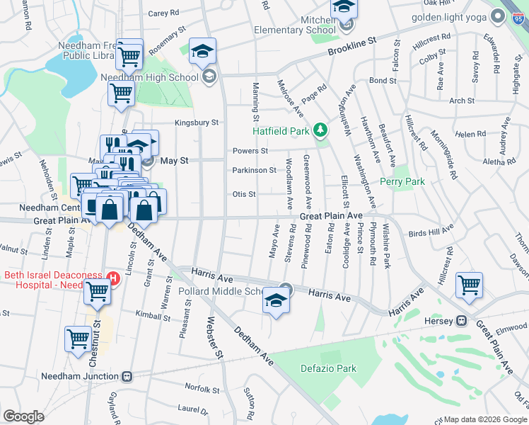map of restaurants, bars, coffee shops, grocery stores, and more near 739 Great Plain Avenue in Needham