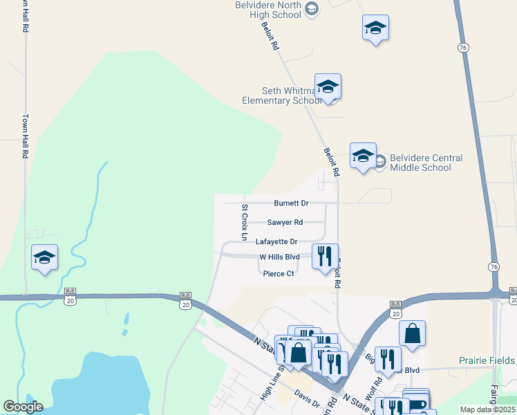 map of restaurants, bars, coffee shops, grocery stores, and more near 2019 Burnett Drive in Belvidere