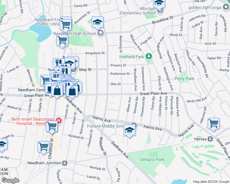 map of restaurants, bars, coffee shops, grocery stores, and more near 763 Great Plain Avenue in Needham
