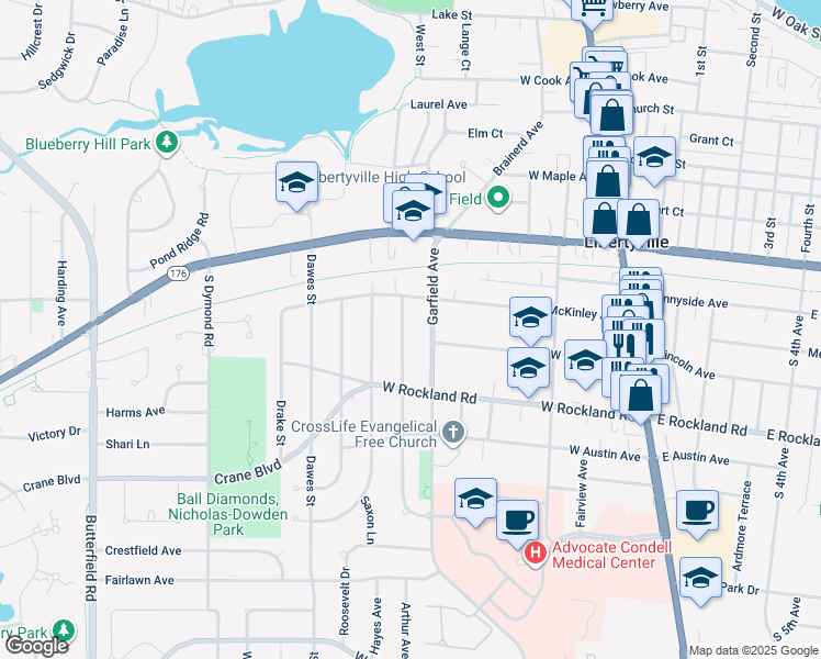 map of restaurants, bars, coffee shops, grocery stores, and more near 334 Ames Street in Libertyville