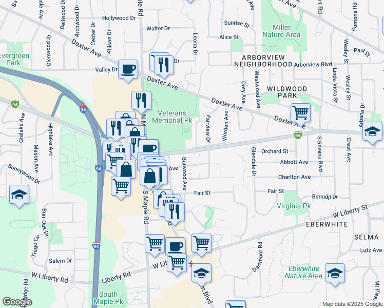 map of restaurants, bars, coffee shops, grocery stores, and more near 2123 Jackson Avenue in Ann Arbor