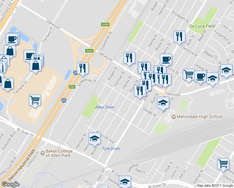map of restaurants, bars, coffee shops, grocery stores, and more near 18811 Hanna Street in Melvindale