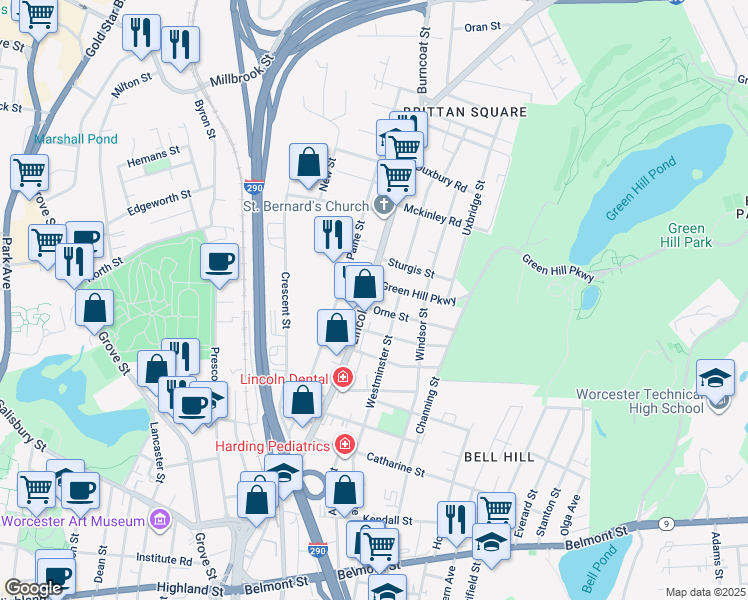 map of restaurants, bars, coffee shops, grocery stores, and more near 177 Lincoln Street in Worcester