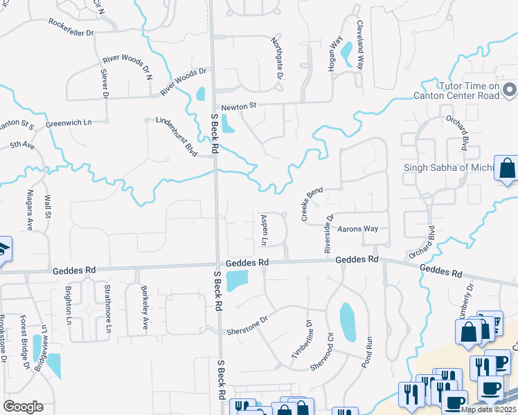 map of restaurants, bars, coffee shops, grocery stores, and more near 47091 Hidden River Circle in Canton