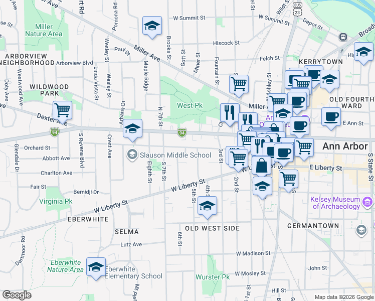 map of restaurants, bars, coffee shops, grocery stores, and more near 721 West Washington Street in Ann Arbor