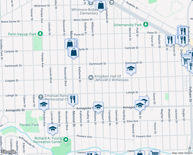 map of restaurants, bars, coffee shops, grocery stores, and more near 4033 Williams Street in Dearborn Heights