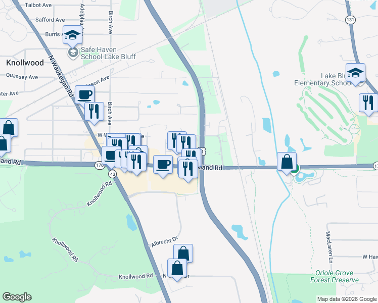 map of restaurants, bars, coffee shops, grocery stores, and more near 28809 Shagbark Road in Lake Bluff