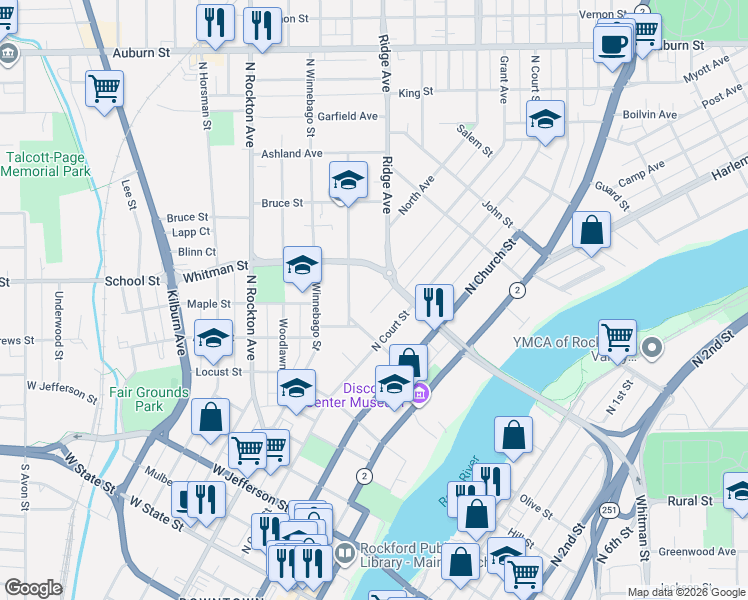 map of restaurants, bars, coffee shops, grocery stores, and more near 830 Hovey Avenue in Rockford
