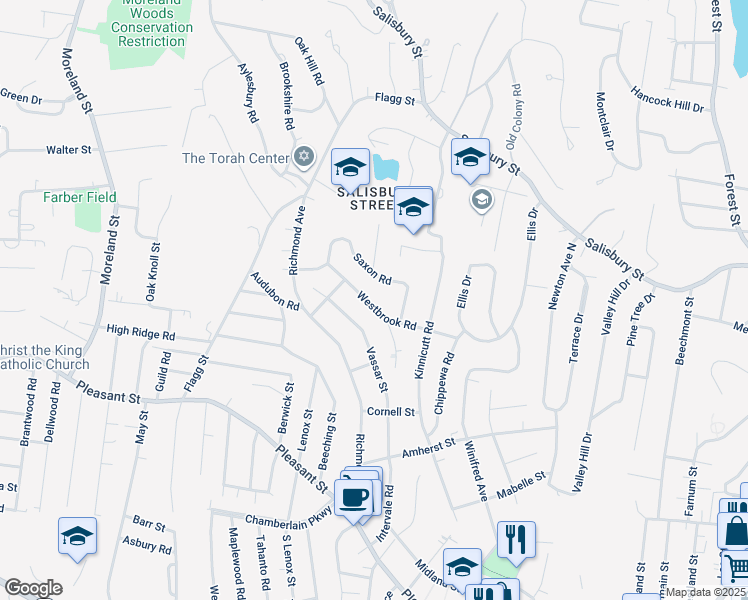 map of restaurants, bars, coffee shops, grocery stores, and more near 21 Westbrook Road in Worcester