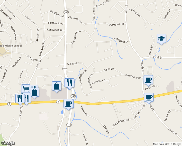 map of restaurants, bars, coffee shops, grocery stores, and more near 83 Lamplighter Drive in Shrewsbury