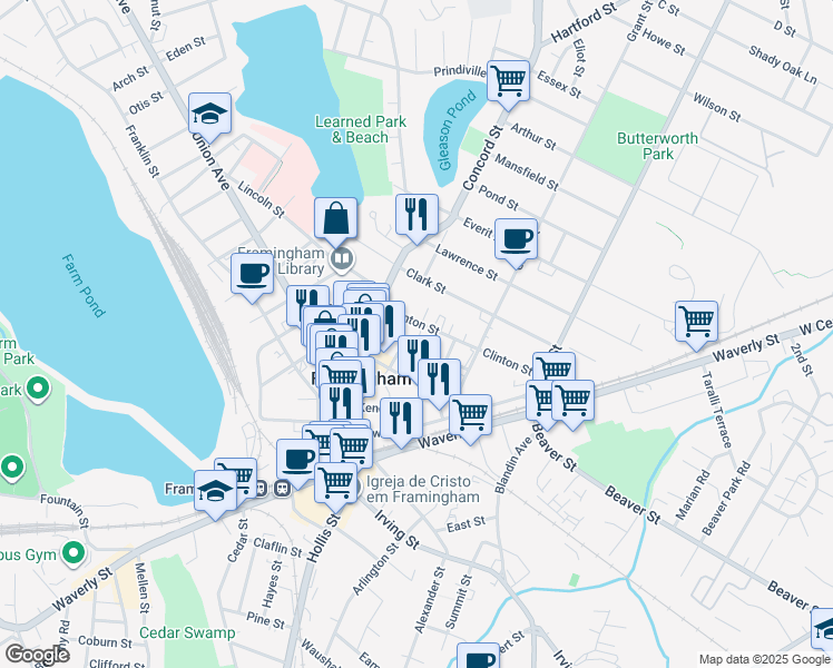 map of restaurants, bars, coffee shops, grocery stores, and more near 47 Clinton Street in Framingham