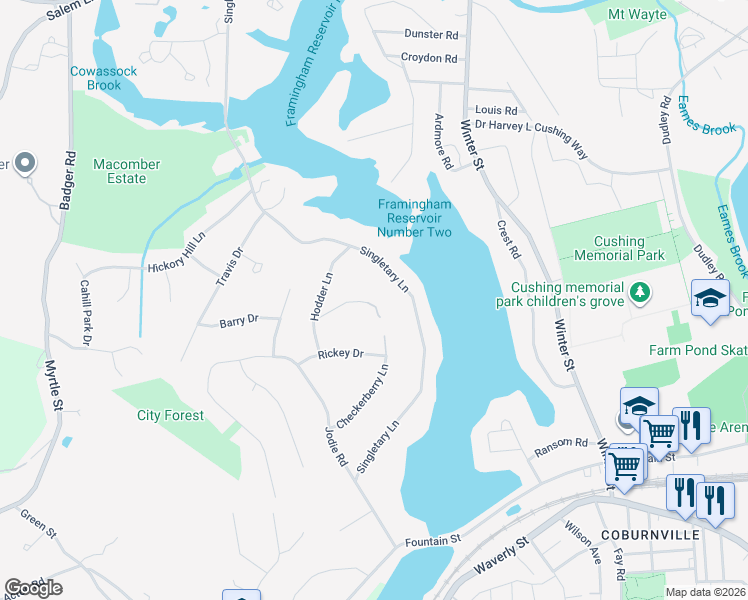 map of restaurants, bars, coffee shops, grocery stores, and more near 32 Checkerberry Lane in Framingham