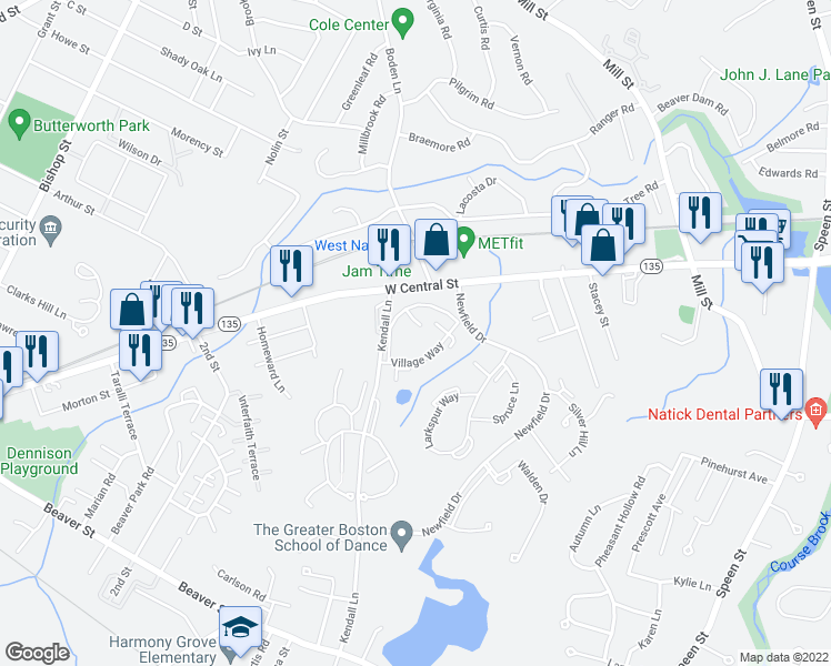 map of restaurants, bars, coffee shops, grocery stores, and more near 6 Village Green Lane in Natick