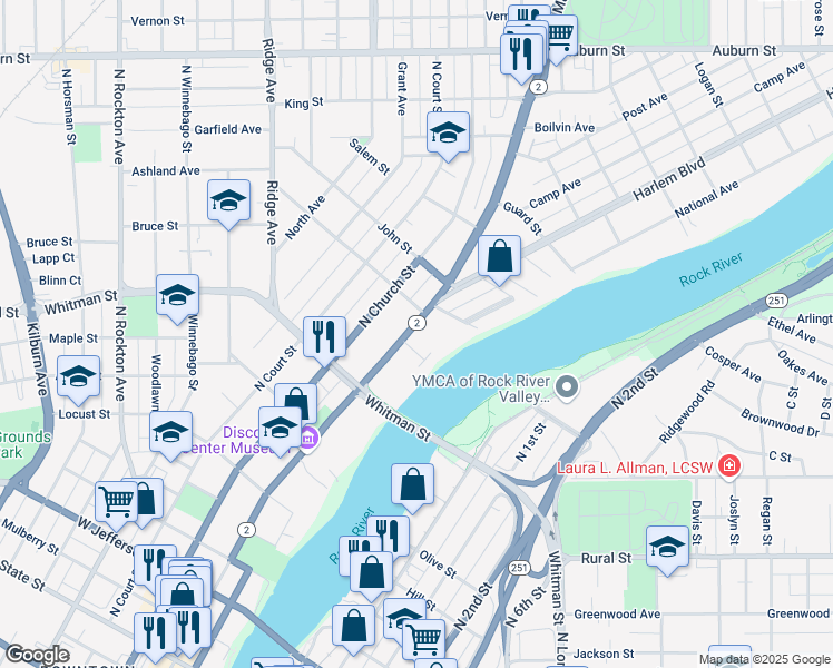 map of restaurants, bars, coffee shops, grocery stores, and more near 975 North Main Street in Rockford