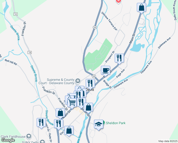 map of restaurants, bars, coffee shops, grocery stores, and more near 15 Meredith St in Delhi