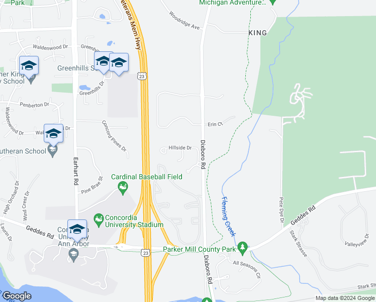 map of restaurants, bars, coffee shops, grocery stores, and more near 4412 Hillside Drive in Ann Arbor