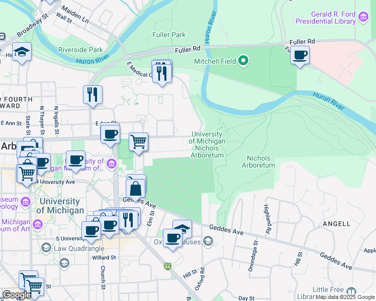 map of restaurants, bars, coffee shops, grocery stores, and more near 1412 Washington Heights in Ann Arbor