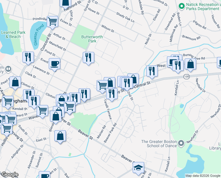 map of restaurants, bars, coffee shops, grocery stores, and more near 45 Waverly Street in Framingham