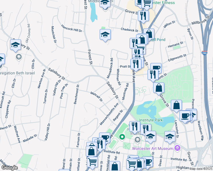 map of restaurants, bars, coffee shops, grocery stores, and more near 251 Salisbury Street in Worcester