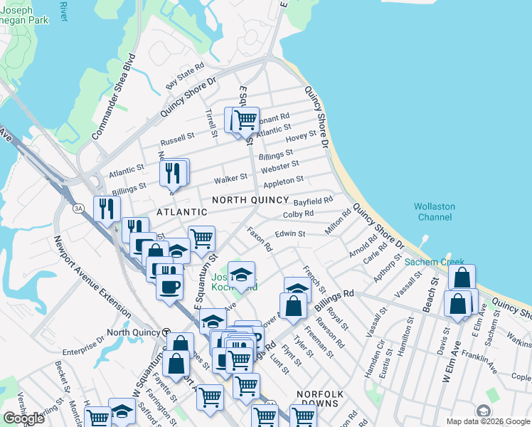 map of restaurants, bars, coffee shops, grocery stores, and more near 18 Sharon Road in Quincy