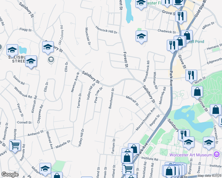 map of restaurants, bars, coffee shops, grocery stores, and more near 315 Salisbury Street in Worcester