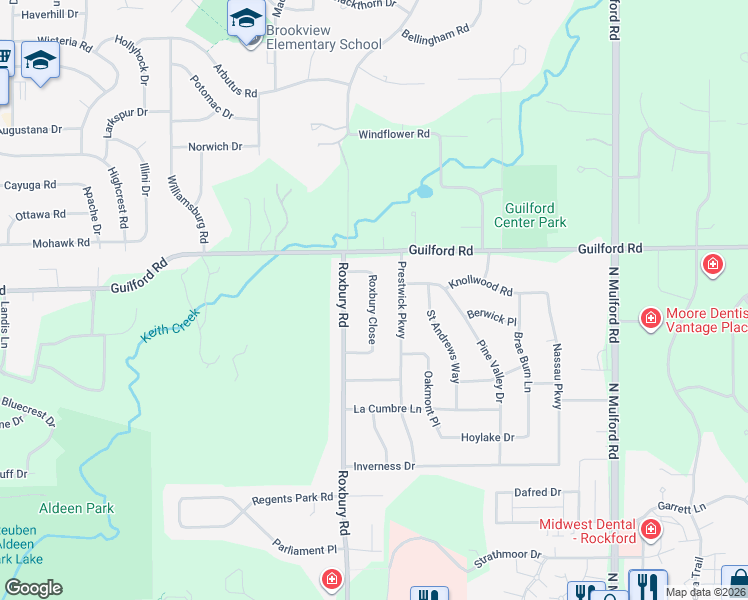 map of restaurants, bars, coffee shops, grocery stores, and more near 1219 Roxbury Close in Rockford