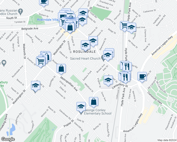 map of restaurants, bars, coffee shops, grocery stores, and more near 5 Delano Park in Boston
