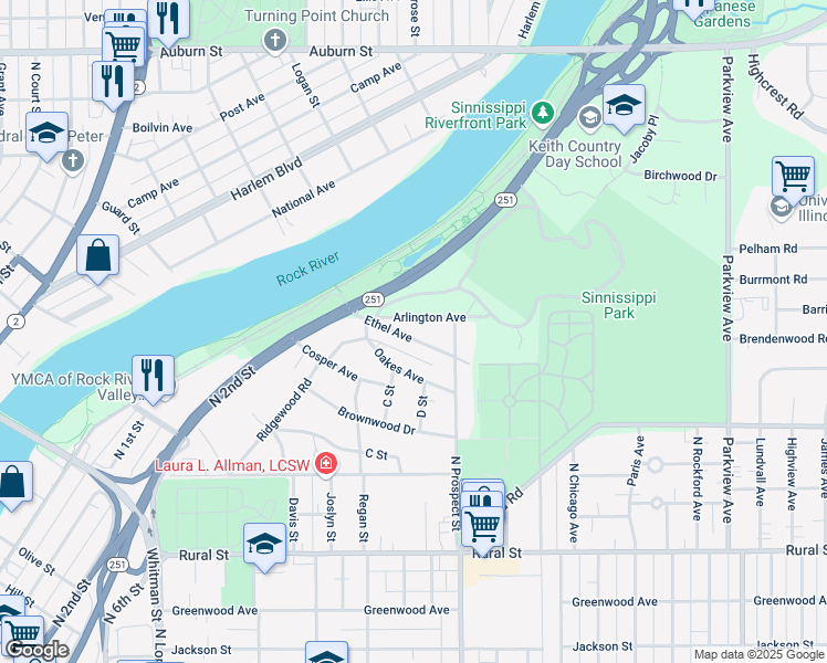 map of restaurants, bars, coffee shops, grocery stores, and more near 1636 Ethel Avenue in Rockford