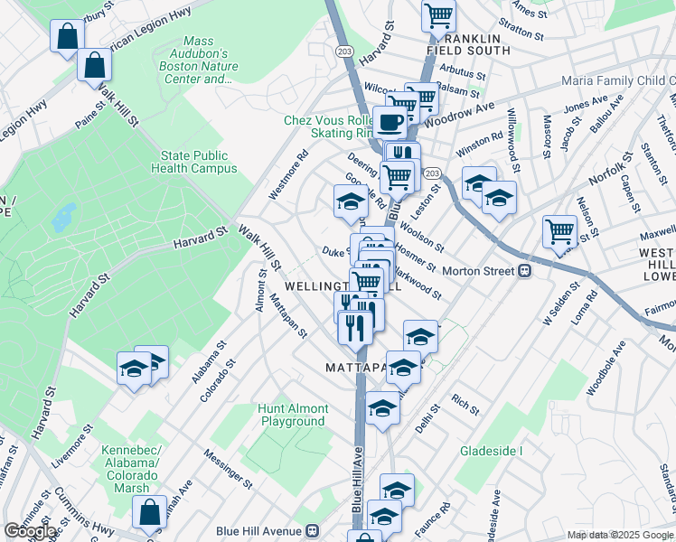 map of restaurants, bars, coffee shops, grocery stores, and more near 41 Wellington Hill Street in Boston