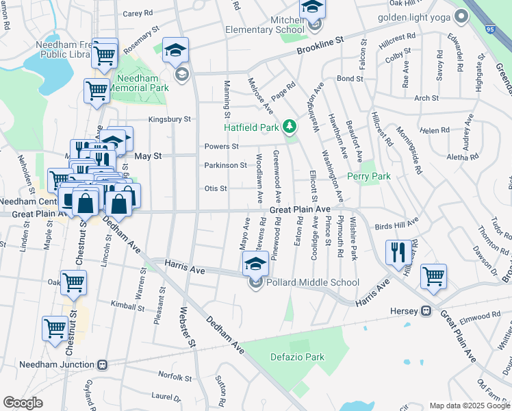 map of restaurants, bars, coffee shops, grocery stores, and more near 79 Woodlawn Avenue in Needham