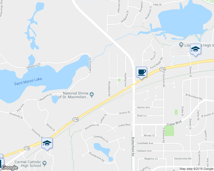 map of restaurants, bars, coffee shops, grocery stores, and more near 147 Woodland Road in Libertyville