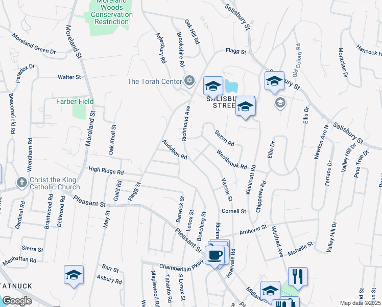 map of restaurants, bars, coffee shops, grocery stores, and more near 118 Richmond Avenue in Worcester