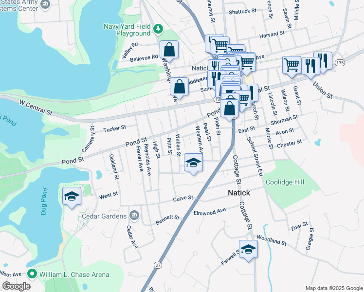 map of restaurants, bars, coffee shops, grocery stores, and more near 10 Waban Street in Natick