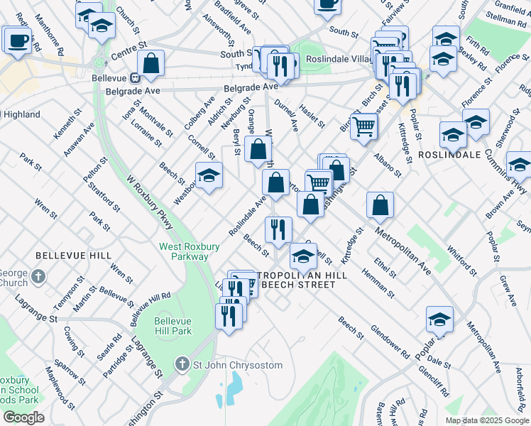 map of restaurants, bars, coffee shops, grocery stores, and more near 5 Leniston Street in Boston