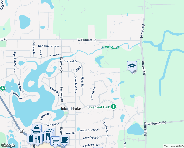 map of restaurants, bars, coffee shops, grocery stores, and more near 3313 Burr Oak Lane in Island Lake