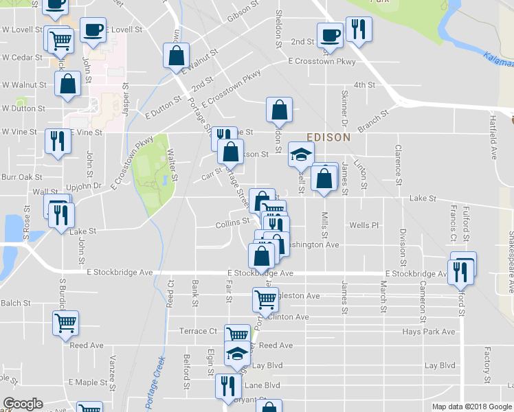 map of restaurants, bars, coffee shops, grocery stores, and more near 810 Lake Street in Kalamazoo