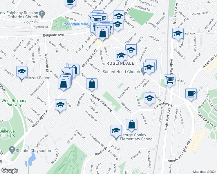 map of restaurants, bars, coffee shops, grocery stores, and more near 38 Whitford Street in Boston