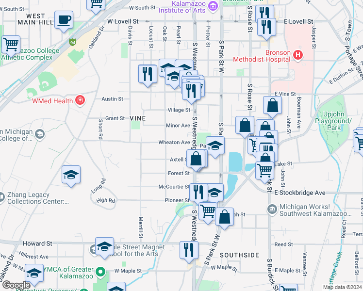 map of restaurants, bars, coffee shops, grocery stores, and more near 525 Wheaton Avenue in Kalamazoo