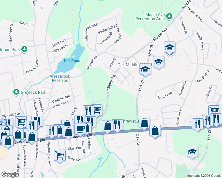 map of restaurants, bars, coffee shops, grocery stores, and more near 304 Maple Avenue in Shrewsbury