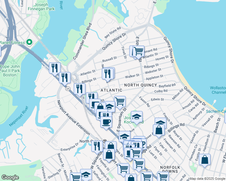map of restaurants, bars, coffee shops, grocery stores, and more near in Quincy
