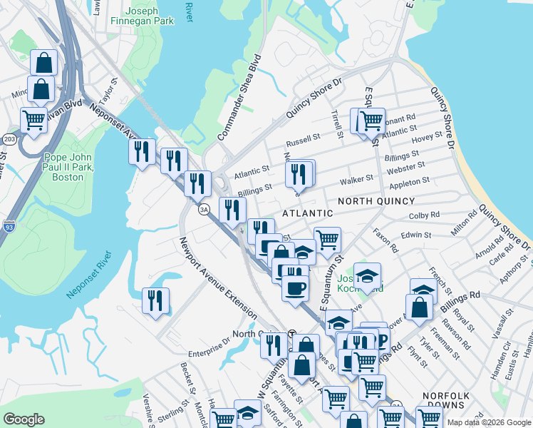 map of restaurants, bars, coffee shops, grocery stores, and more near 102 Sagamore Street in Quincy