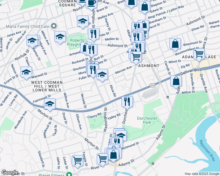 map of restaurants, bars, coffee shops, grocery stores, and more near 28 Alicia Road in Boston