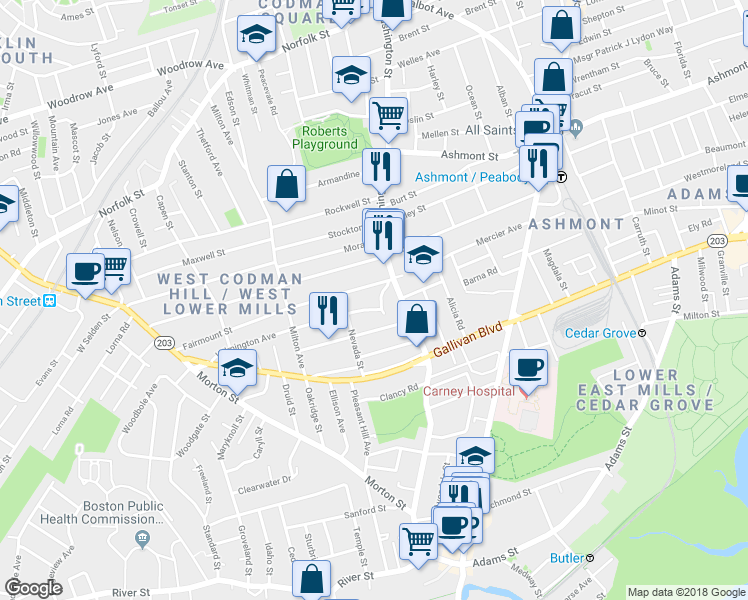 map of restaurants, bars, coffee shops, grocery stores, and more near 20 Ogden Street in Boston